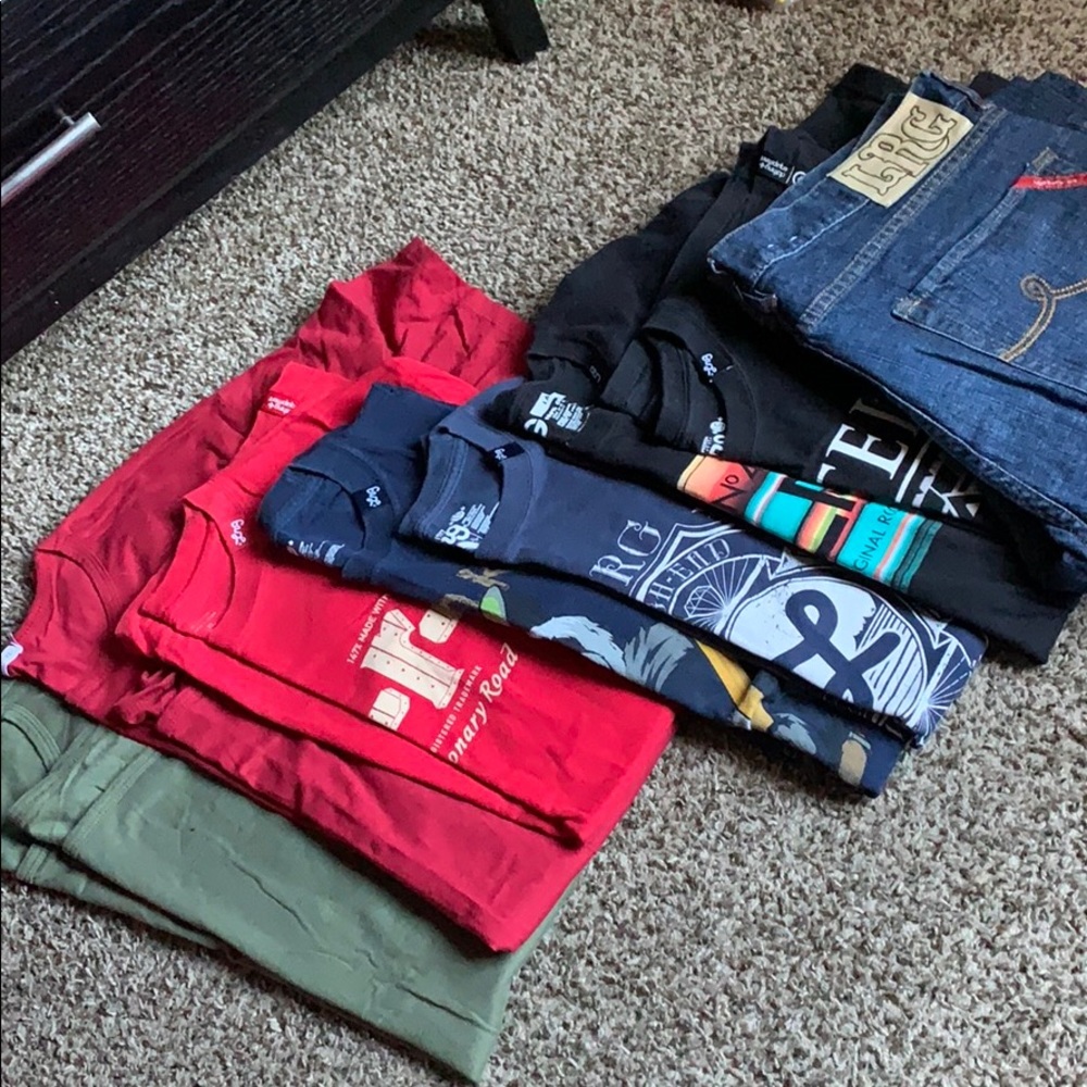 Round tees/ 5 LRG shirts/ 1 pair of LRG Jeans